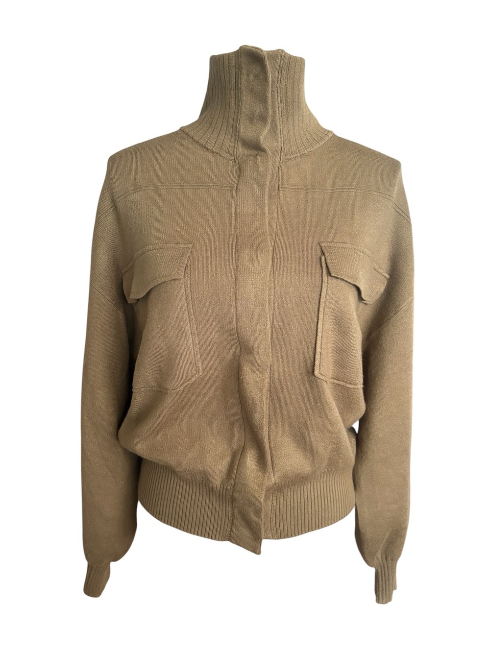 Broadway Mock Neck Ribbed Pullover Sweater Small Utility Pockets Neutral